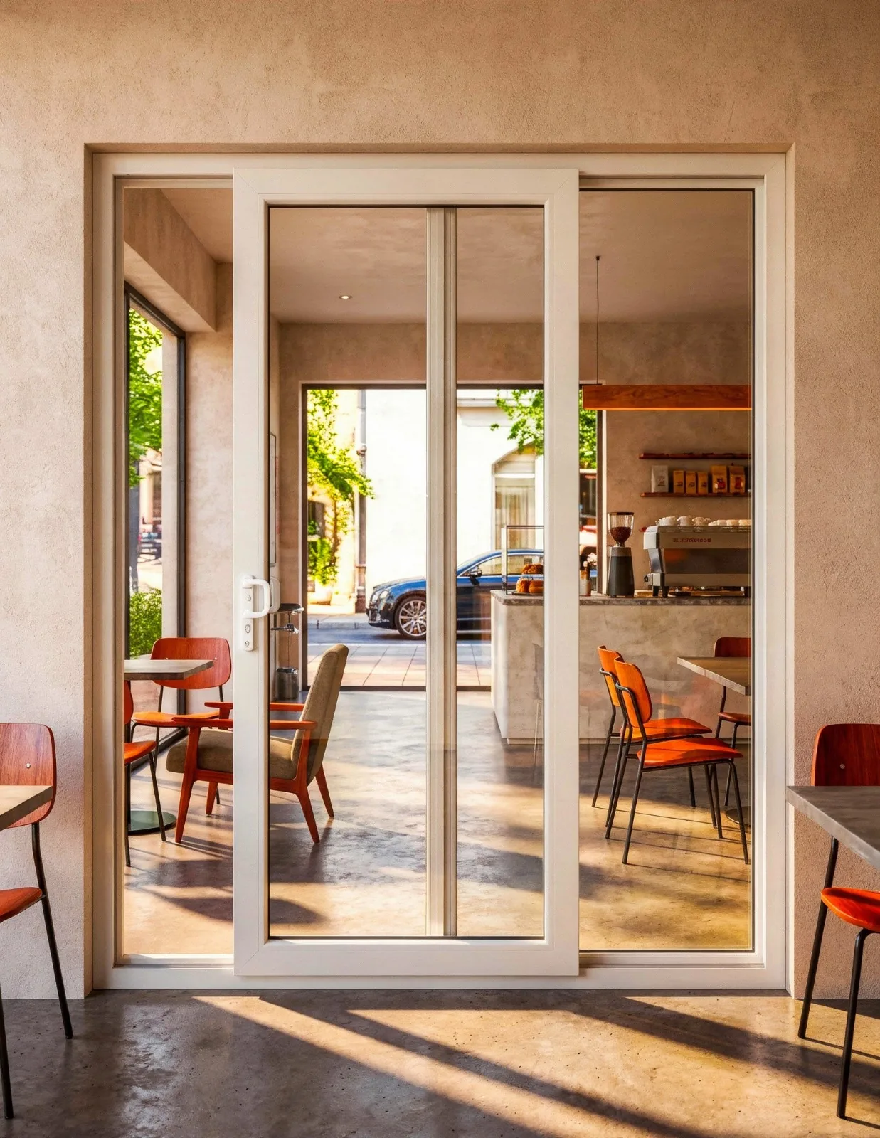 Durakraft white uPVC sliding door system in a contemporary café interior